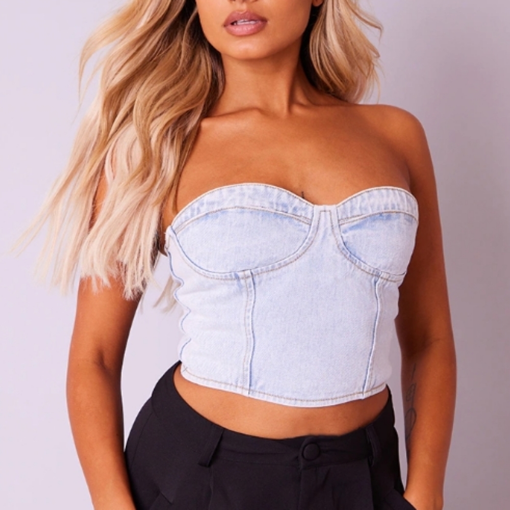 Pretty Little Thing Petite Acid Blue Wash Denim Frayed Bust Corset 4 (UK-Size)